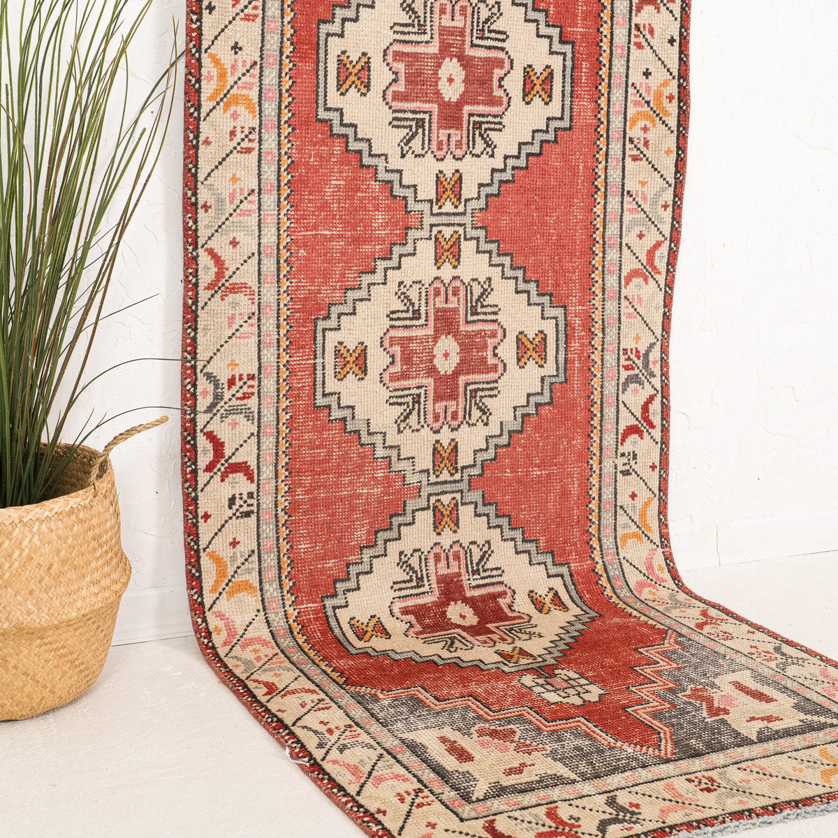 Red and Beige Runner Wool Rug