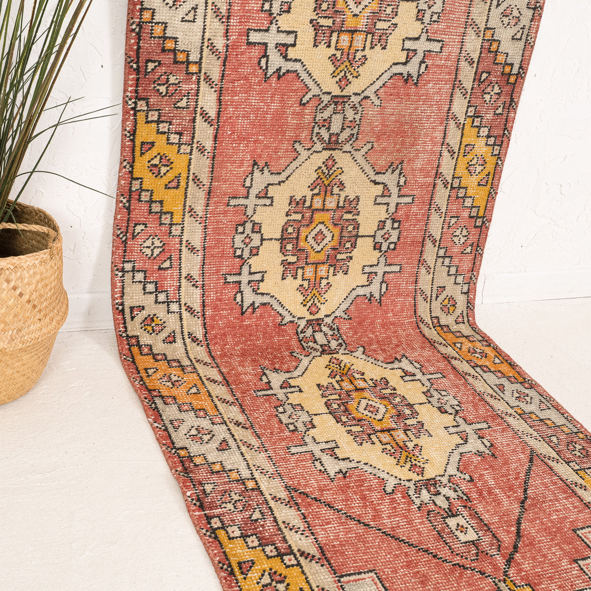 Red and Beige Runner Wool Rug
