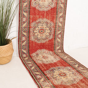 Red and Beige Runner Wool Rug