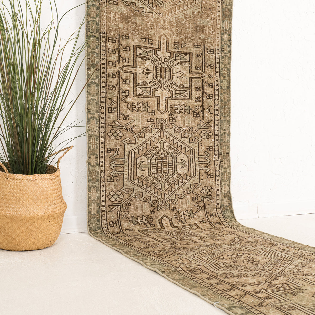Beige and Green Runner Wool Rug