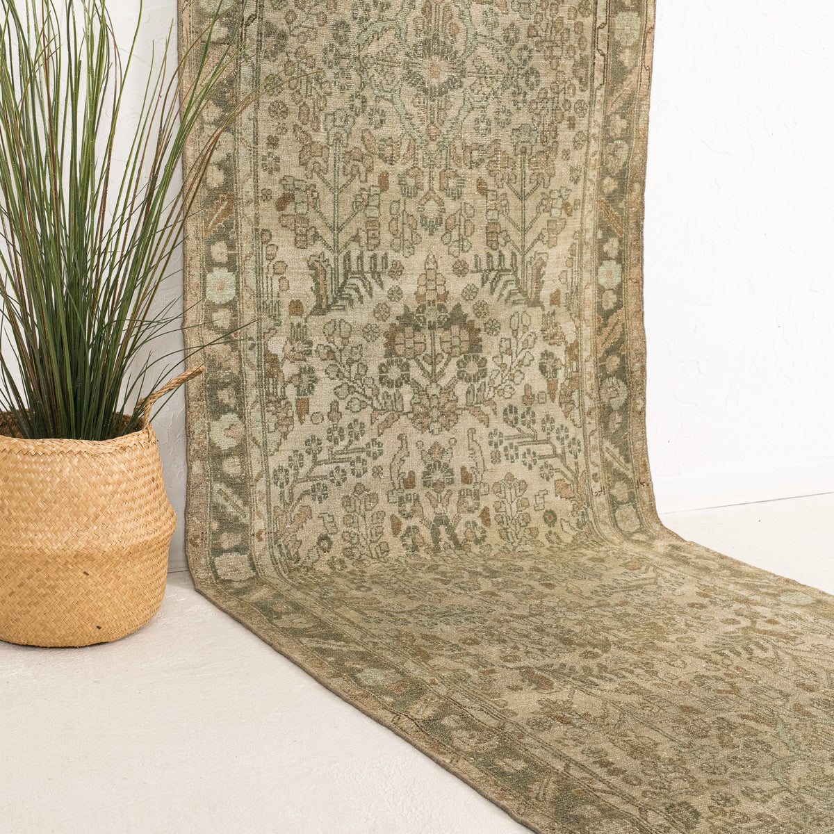 Beige and Green Runner Wool Rug