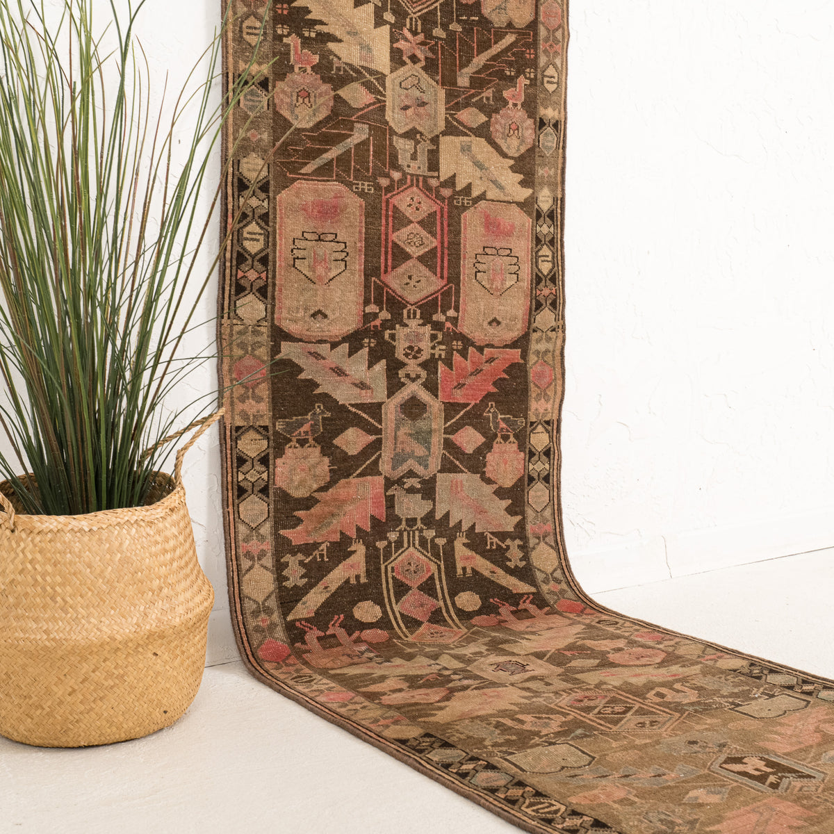 Brown and Beige Runner Wool Rug