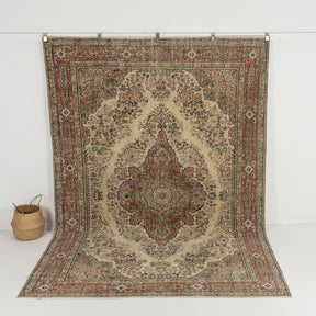 Handmade 7x10 area rug in beige, ideal for a cozy living room, bedroom