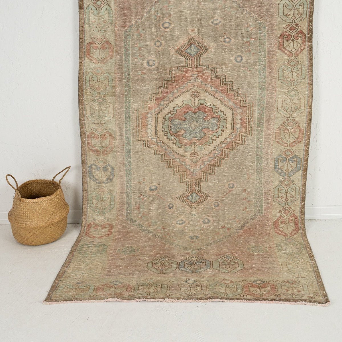 Handmade 4x9 runner rug in beige, ideal for a cozy hallway, entryway