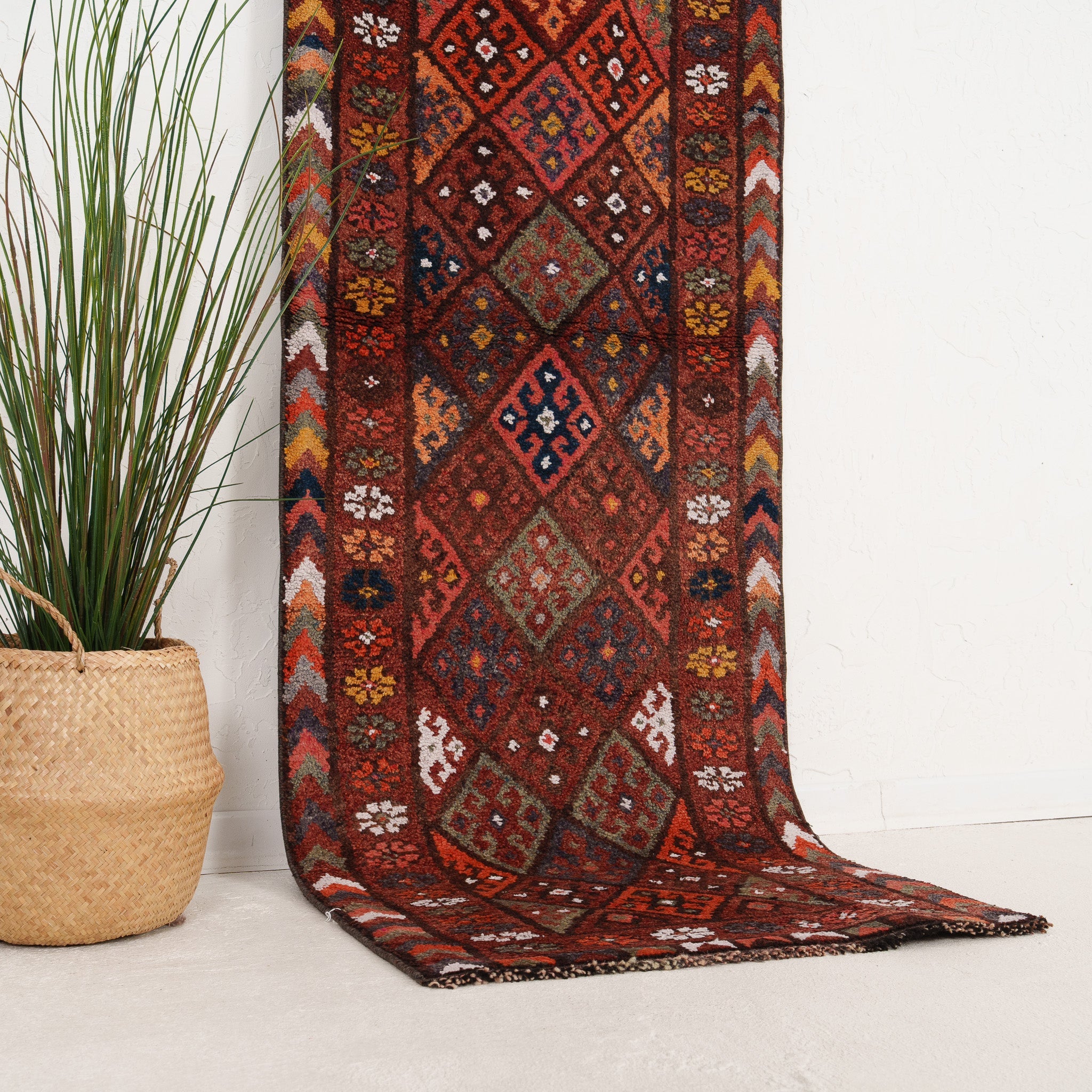 Brown and Red Runner Wool Rug