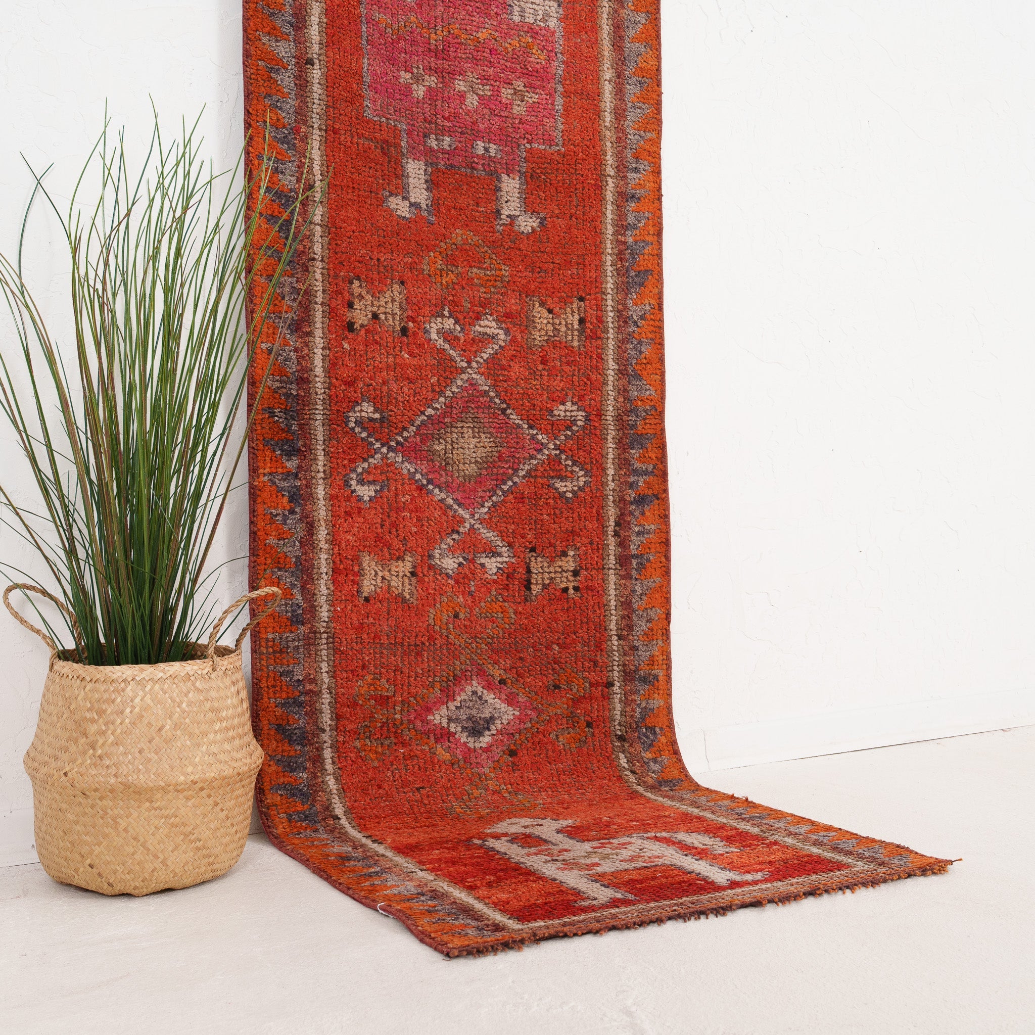 Red and Beige Runner Wool Rug