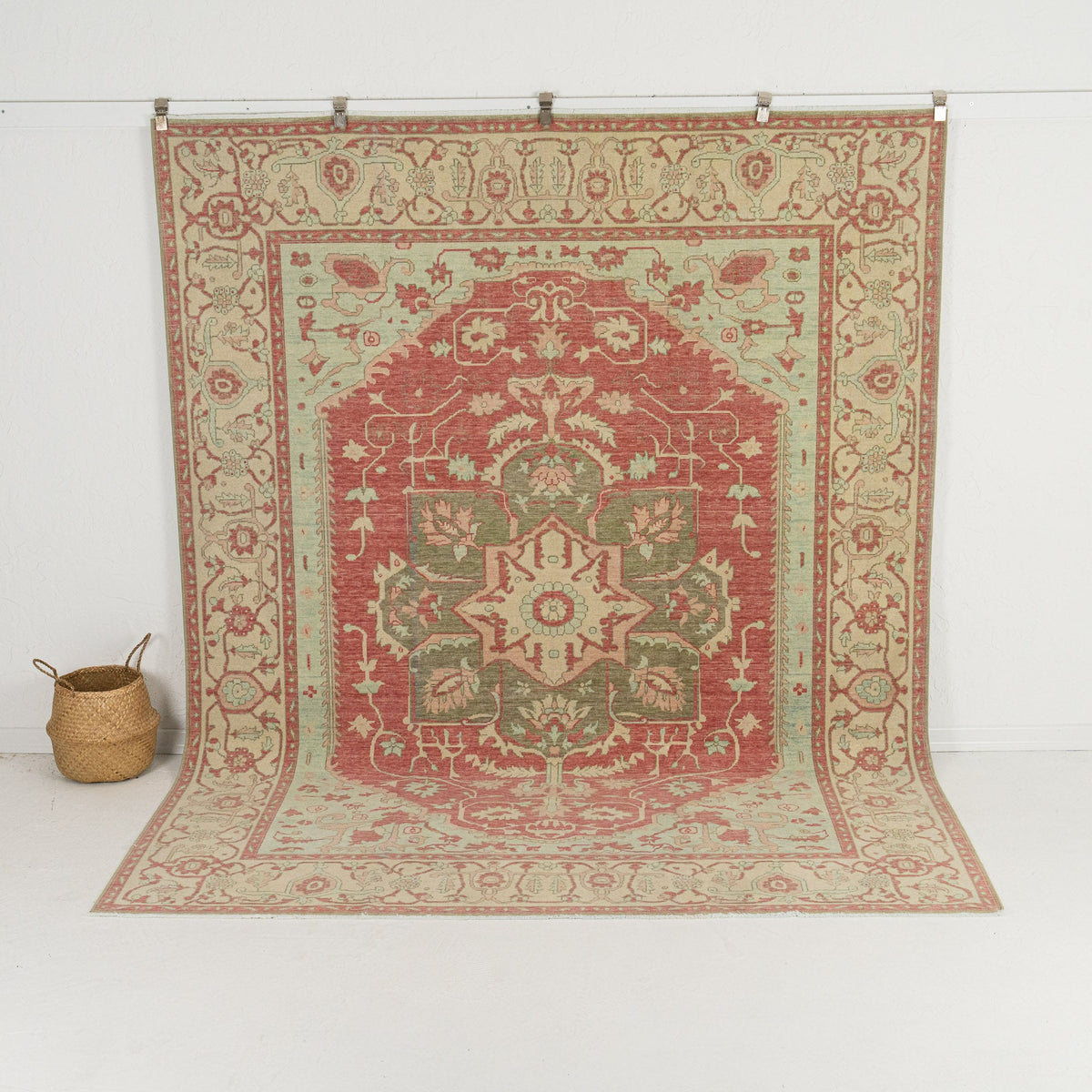 Handmade 8x10 area rug in red, ideal for a cozy living room, bedroom, dining room, office