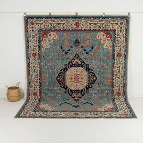 Handmade 8x10 area rug in blue, ideal for a cozy living room, bedroom, dining room, office