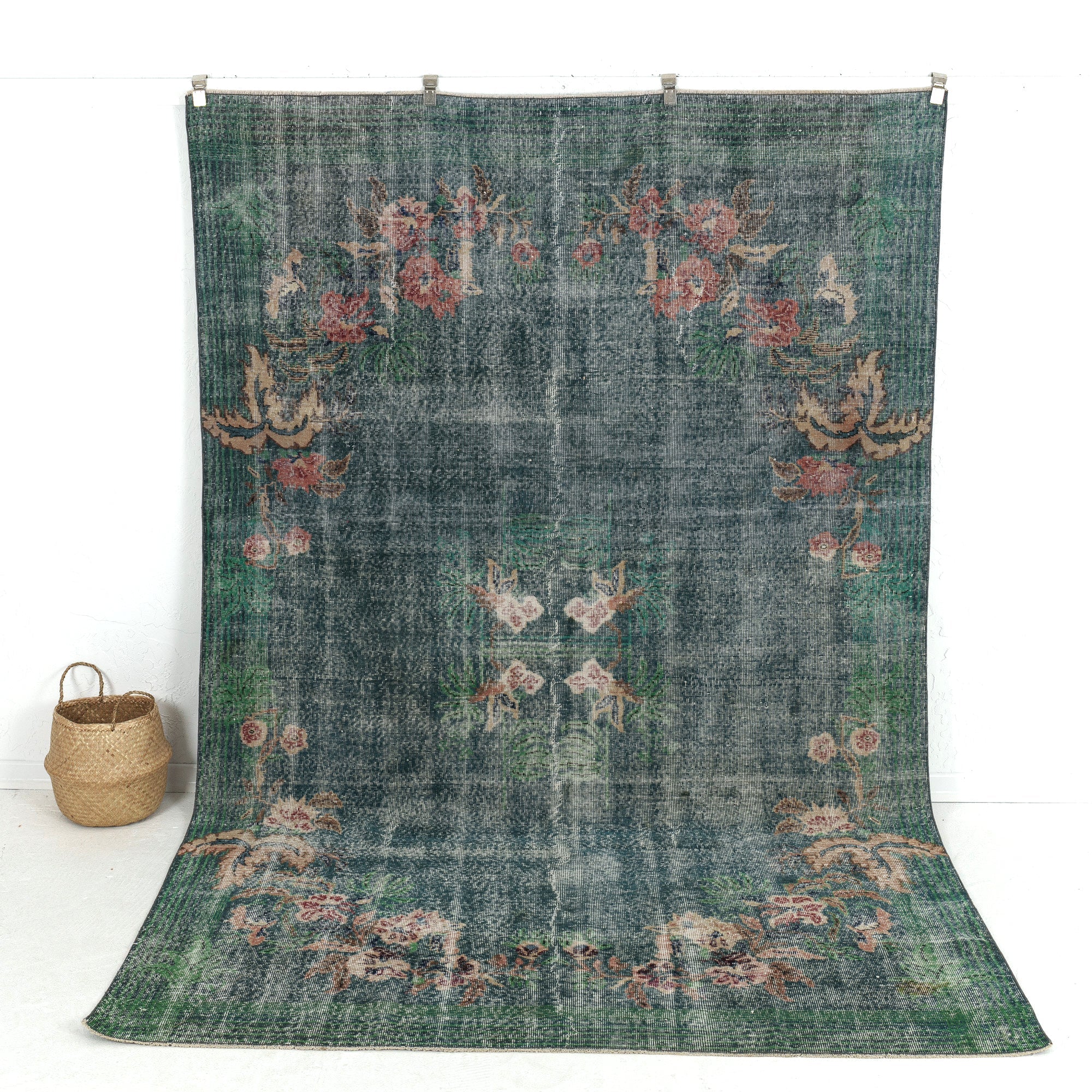 Handmade 7x10 area rug in green, ideal for a cozy living room, bedroom, entryway, office, kitchen & dining