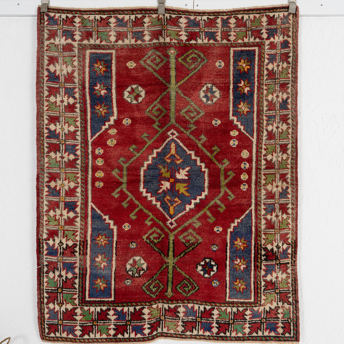 Handmade 4x5 accent rug in red, ideal for a cozy living room, bedroom, office, entryway, dining room