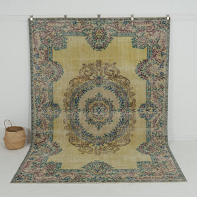 Handmade 7x10 area rug in yellow, ideal for a cozy living room, bedroom, office, entryway, kitchen