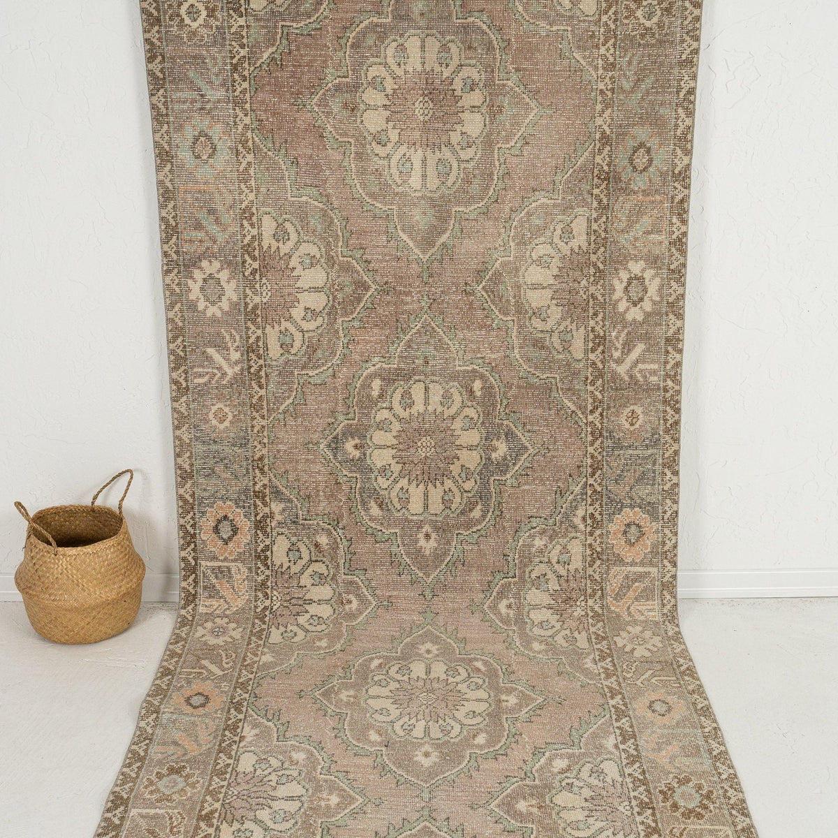 Handmade 4x13 runner rug in beige, ideal for a cozy hallway