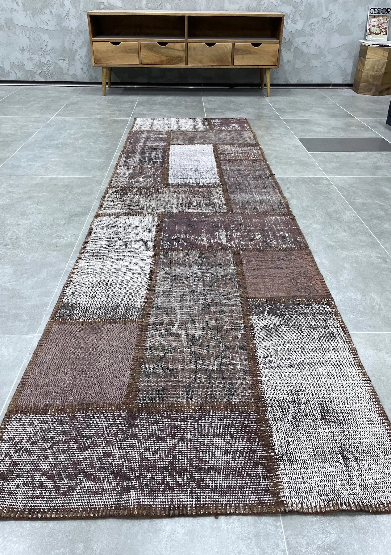 Dessislava - Vintage Brown Patchwork Rug Runner - kudenrugs