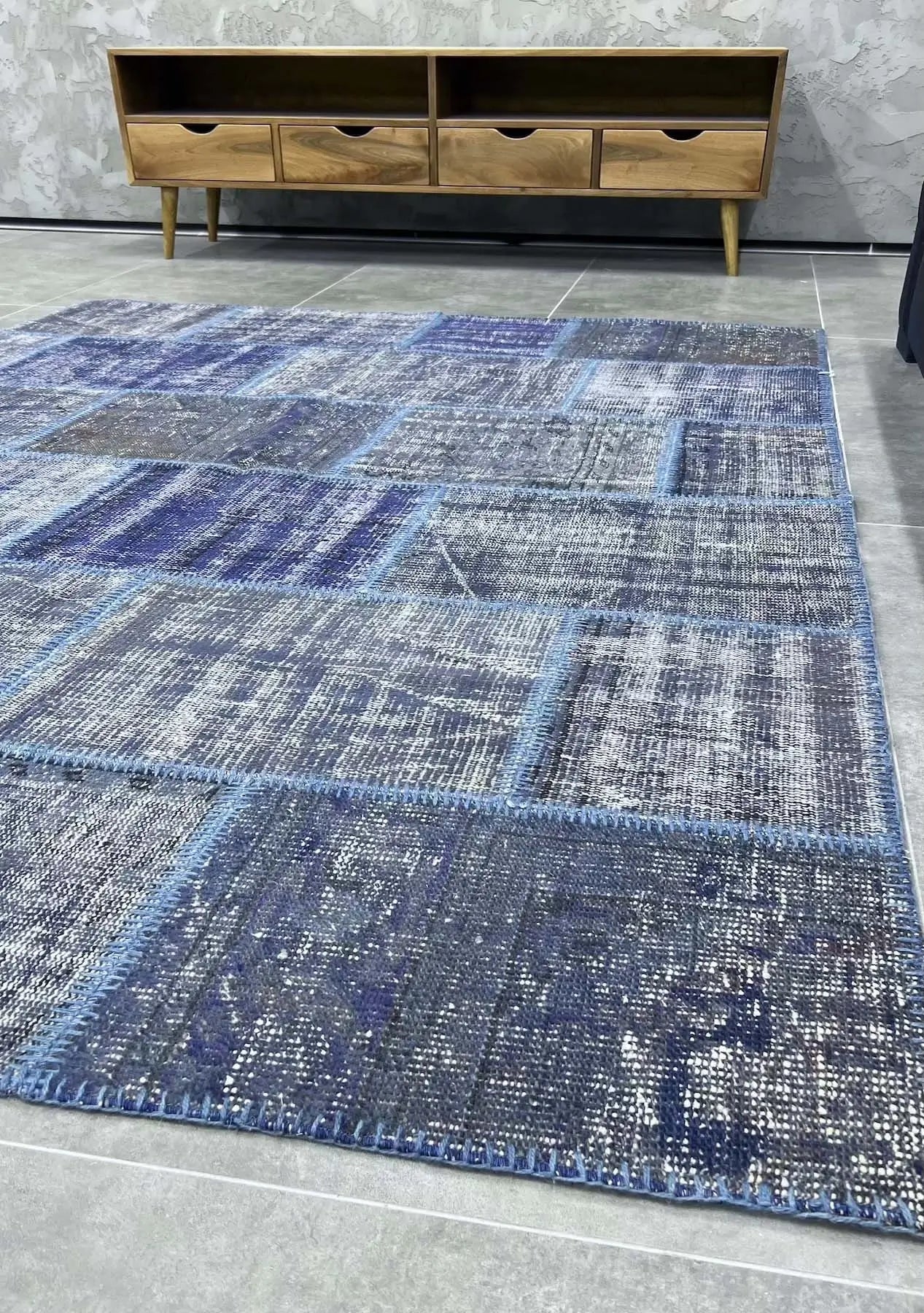 Fulvia - Vintage Navy Blue Patchwork Rug - kudenrugs