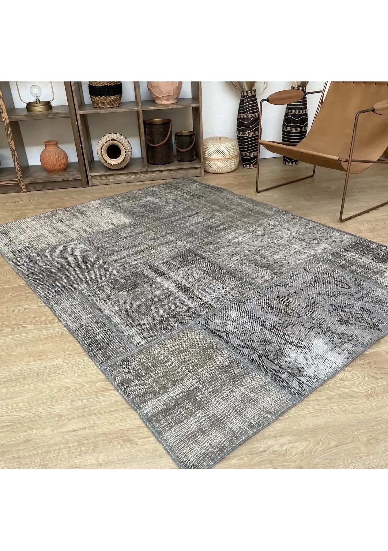 Kawena - Vintage Gray Patchwork Rug - kudenrugs