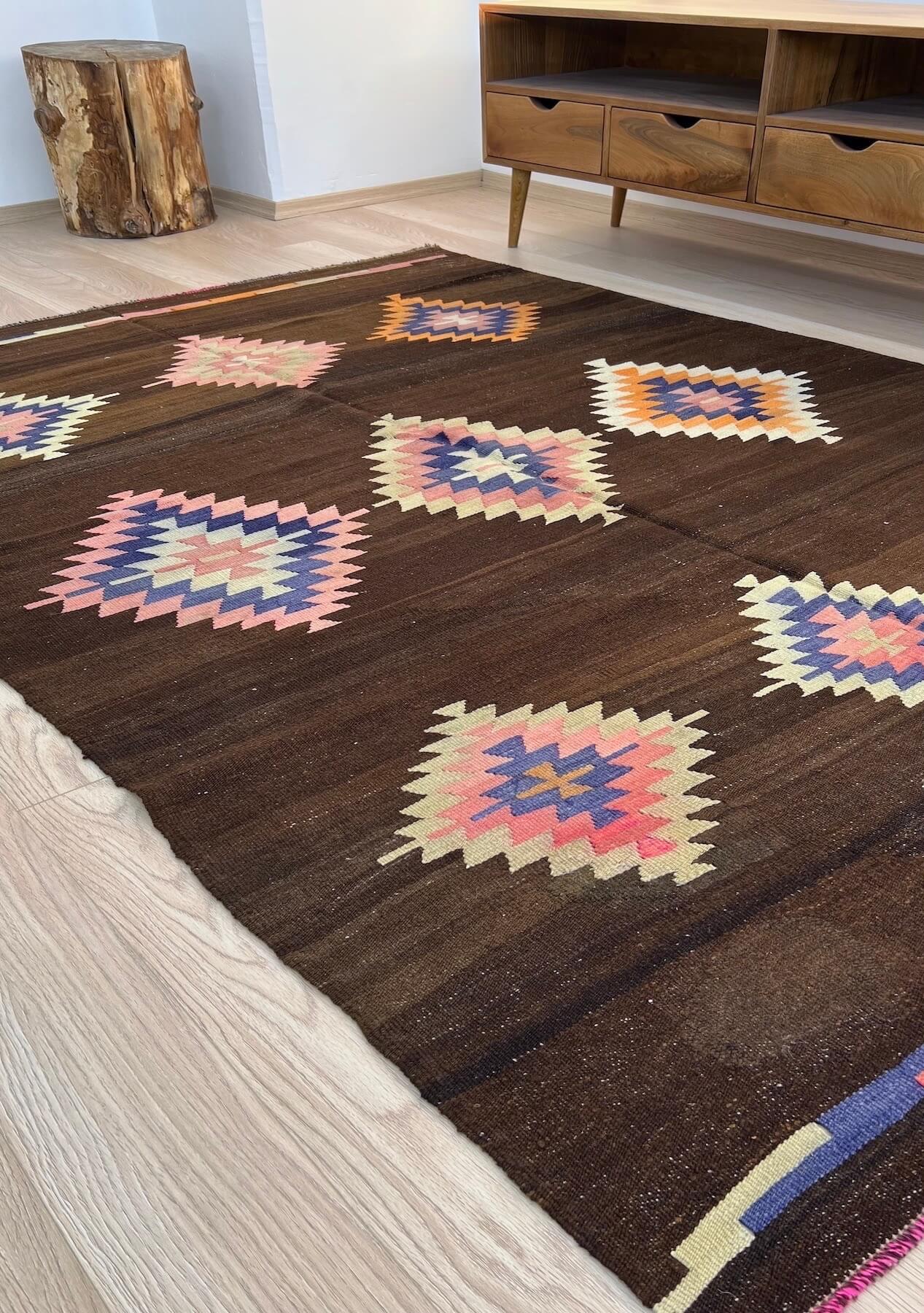 Luna - Brown Turkish Kilim Rug - kudenrugs