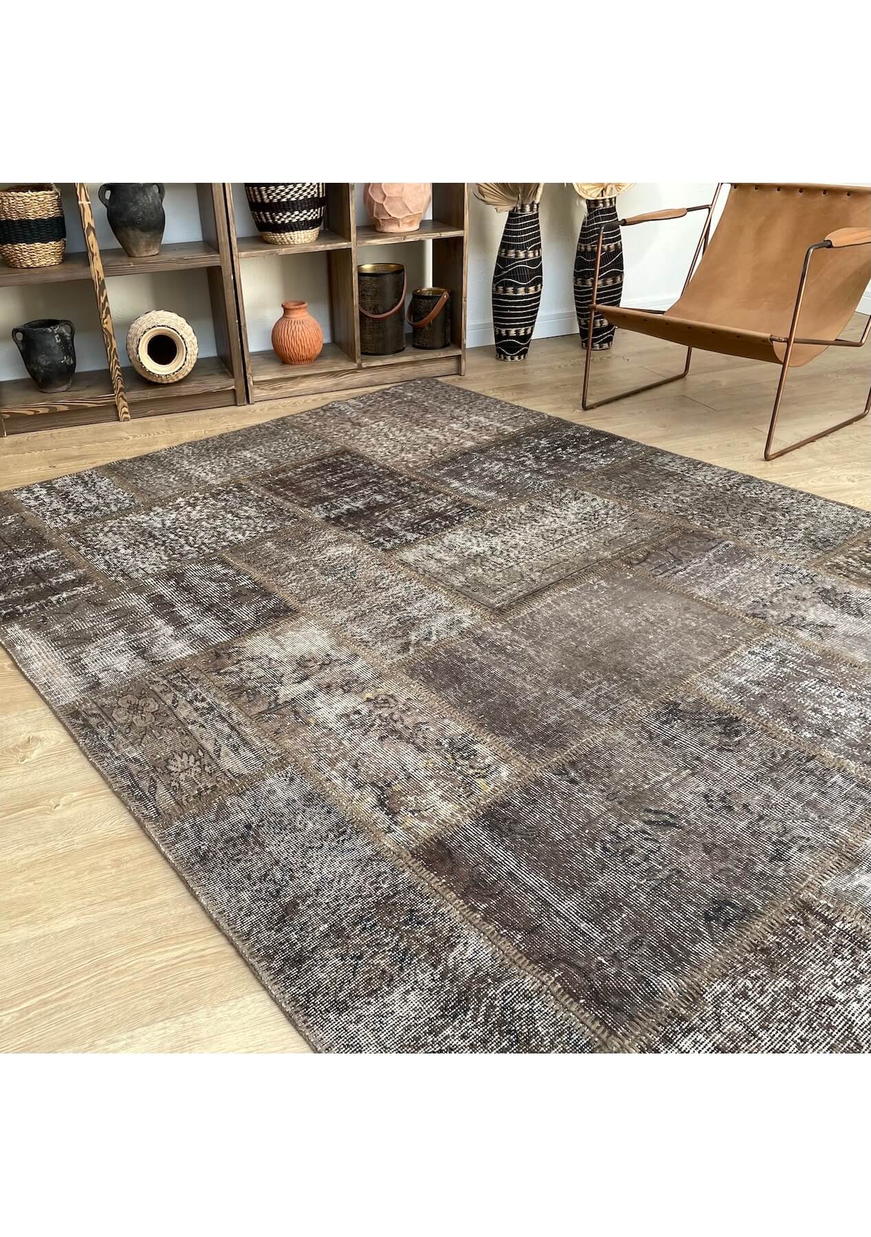 Sharon - Vintage Brown Patchwork Rug - kudenrugs